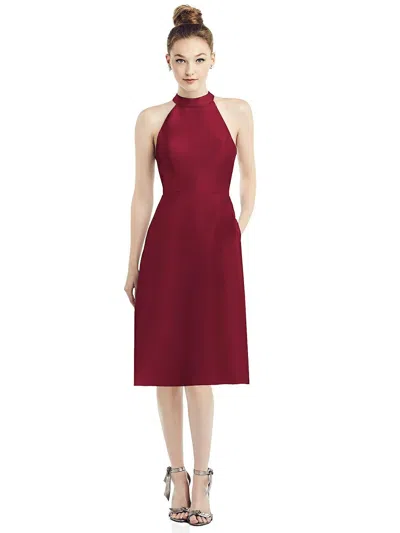 Alfred Sung High-neck Open-back Satin Cocktail Dress In Red