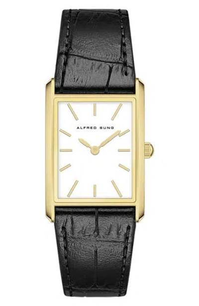 Alfred Sung Horizon Rectangular Croc Embossed Leather Strap Watch, 37mm X 45mm In Black