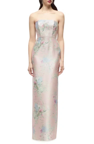 Alfred Sung Jacqueline Floral Strapless Satin Twill Column Gown In Pink