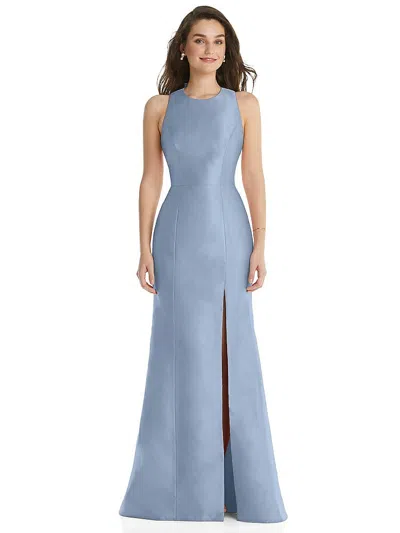 Alfred Sung Jewel Neck Bowed Open-back Trumpet Dress With Front Slit