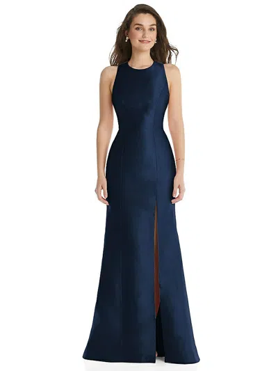 ALFRED SUNG JEWEL NECK BOWED OPEN-BACK TRUMPET DRESS WITH FRONT SLIT