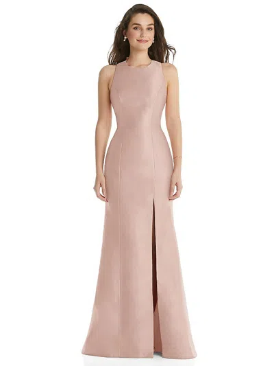 Alfred Sung Jewel Neck Bowed Open-back Trumpet Dress With Front Slit In Pink