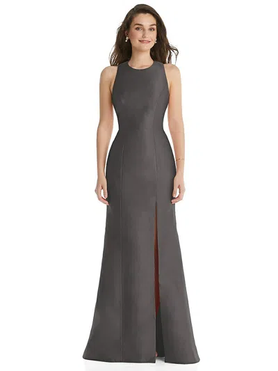 Alfred Sung Jewel Neck Bowed Open-back Trumpet Dress With Front Slit In Gray