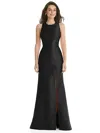 ALFRED SUNG JEWEL NECK BOWED OPEN-BACK TRUMPET DRESS WITH FRONT SLIT