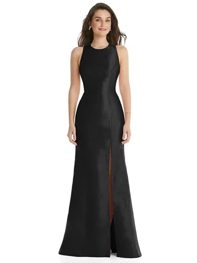 Alfred Sung Jewel Neck Bowed Open-back Trumpet Dress With Front Slit In Black