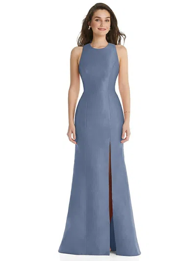 Alfred Sung Jewel Neck Bowed Open-back Trumpet Dress With Front Slit In Blue