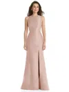 ALFRED SUNG JEWEL NECK BOWED OPEN-BACK TRUMPET DRESS WITH FRONT SLIT