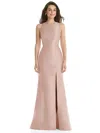 Alfred Sung Dessy Collection Jewel Neck Bowed Open-back Trumpet Dress With Front Slit In Pink