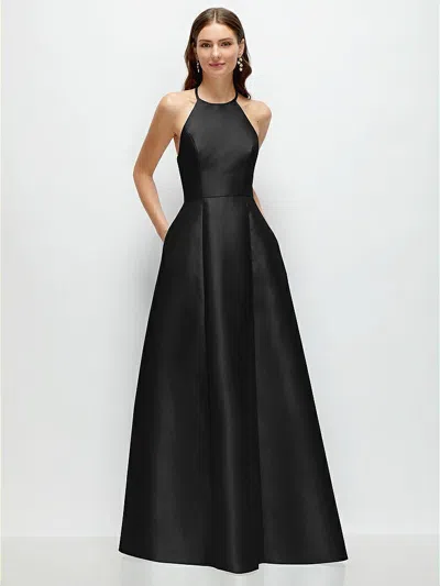 Alfred Sung Jewel Neck Halter Full A-line Satin Maxi Dress In Black