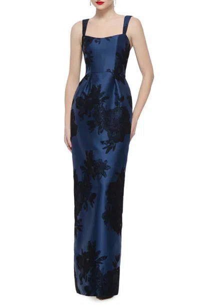 Alfred Sung Linden Floral Lace Matte Satin Gown In Blue