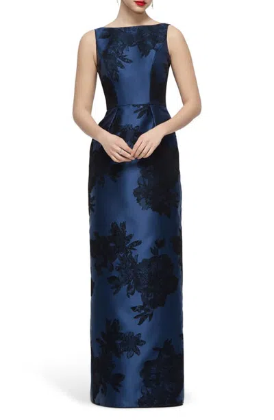 Alfred Sung Lisette Floral Embroidered Sleeveless Satin Gown In Blue