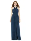 Alfred Sung Maxi Chiffon Knit Halter Neck Dress In Blue