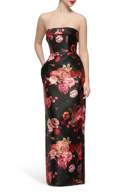 Alfred Sung Maye Floral Strapless Satin Column Gown In Black