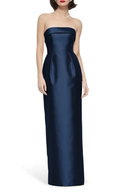 Alfred Sung Maye Strapless Satin Column Gown In Blue