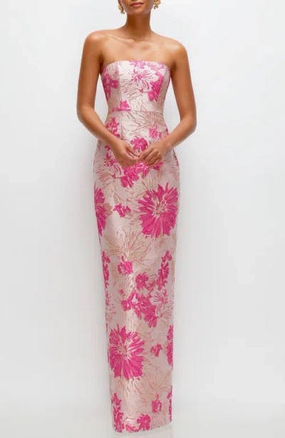 Alfred Sung Metallic Floral Jacquard Strapless Column Gown In Pink Multi