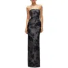Alfred Sung Metallic Floral Jacquard Strapless Sheath Gown In Noir Midnight Navy