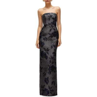 Alfred Sung Metallic Floral Jacquard Strapless Sheath Gown In Noir Midnight Navy