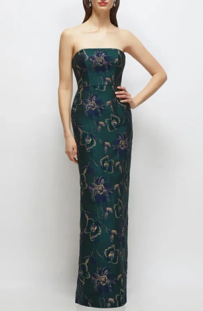 Alfred Sung Metallic Strapless Jacquard Column Gown In Green