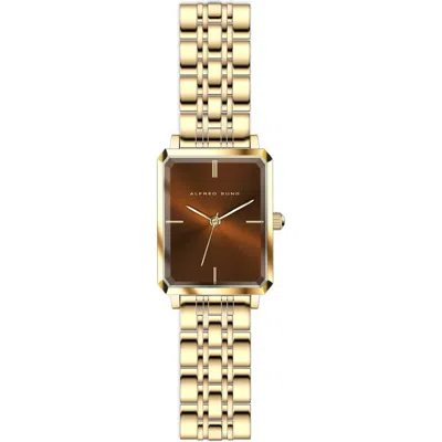 Alfred Sung Octavia Octagon Stainless Steel Bracelet Watch, 19.5mm X 24mm In Gold Bracelet Brown Dial