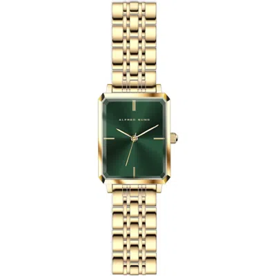 Alfred Sung Octavia Octagon Stainless Steel Bracelet Watch, 19.5mm X 24mm In Gold Bracelet Green Dial