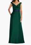 Alfred Sung Off Shoulder Draped Wrap Satin Maxi Dress In Hunter Green In Green