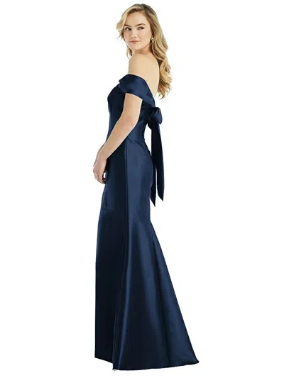 Alfred Sung Off-the-shoulder Bow-back Satin Trumpet Gown In Blue