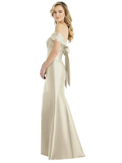 Alfred Sung Off-the-shoulder Bow-back Satin Trumpet Gown In Gray