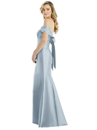Alfred Sung Off-the-shoulder Bow-back Satin Trumpet Gown In Blue