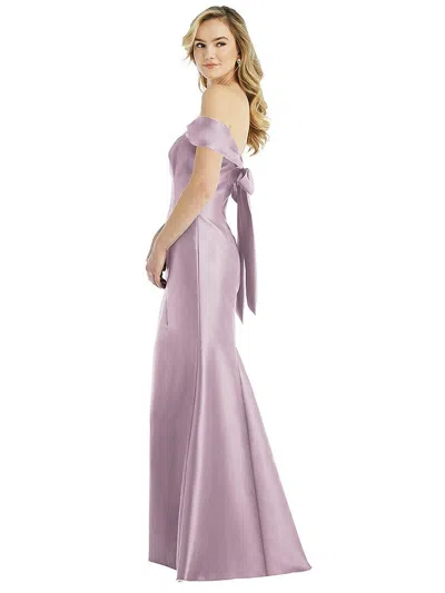 Alfred Sung Off-the-shoulder Bow-back Satin Trumpet Gown In Purple