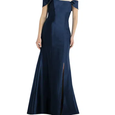 Alfred Sung Off-the-shoulder Bow-back Satin Trumpet Gown In Blue