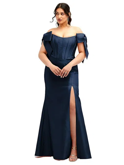 Alfred Sung Off-the-shoulder Bow Satin Corset Dress With Fit And Flare Skirt In Blue