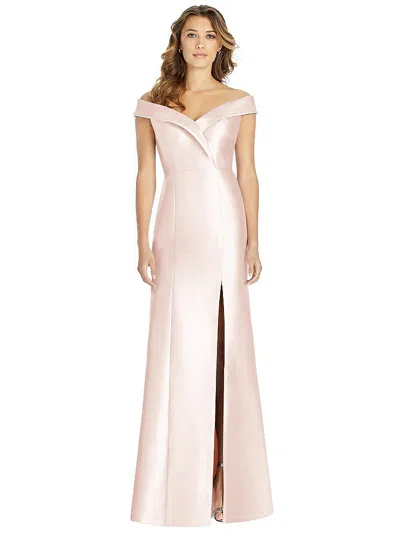 ALFRED SUNG OFF-THE-SHOULDER CUFF TRUMPET GOWN WITH FRONT SLIT