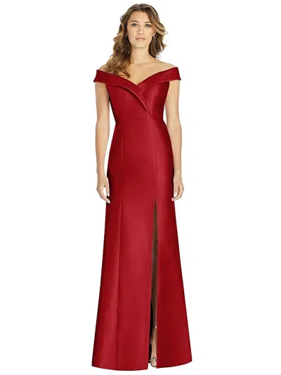 Alfred Sung Off-the-shoulder Cuff Trumpet Gown With Front Slit In Red