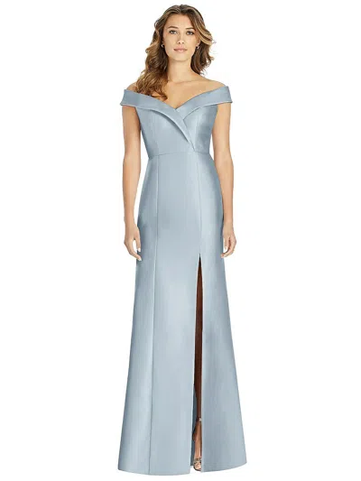 Alfred Sung Off-the-shoulder Cuff Trumpet Gown With Front Slit In Blue