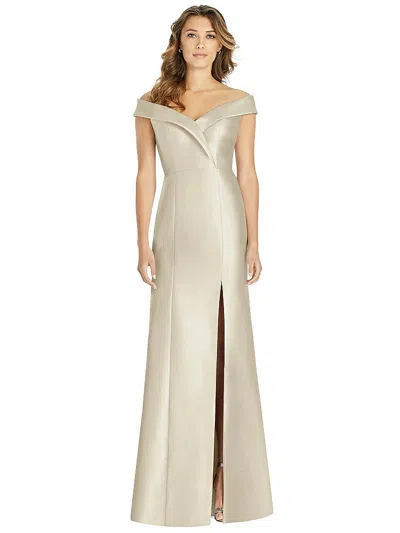 Alfred Sung Off-the-shoulder Cuff Trumpet Gown With Front Slit In Brown