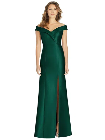 Alfred Sung Off-the-shoulder Cuff Trumpet Gown With Front Slit In Green