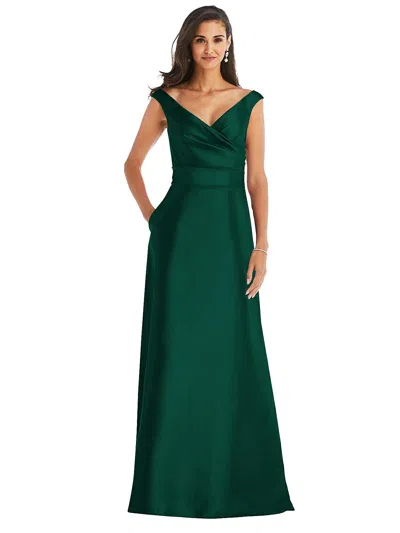 Alfred Sung Off-the-shoulder Draped Wrap Satin Maxi Dress In Green