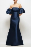 Alfred Sung Off The Shoulder Puff Sleeve Satin Gown In Blue