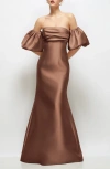 Alfred Sung Off The Shoulder Puff Sleeve Satin Gown In Brown