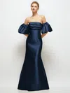 Alfred Sung Off-the-shoulder Puff Sleeve Satin Maxi Dress With Flared Skirt