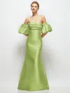 Alfred Sung Off-the-shoulder Puff Sleeve Satin Maxi Dress With Flared Skirt