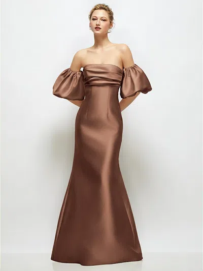Alfred Sung Off-the-shoulder Puff Sleeve Satin Maxi Dress With Flared Skirt