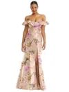 ALFRED SUNG OFF-THE-SHOULDER RUFFLE NECK FLORAL SATIN TRUMPET GOWN