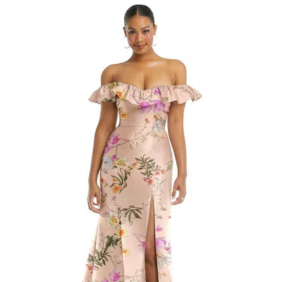 Alfred Sung Off-the-shoulder Ruffle Neck Floral Satin Trumpet Gown In Pink
