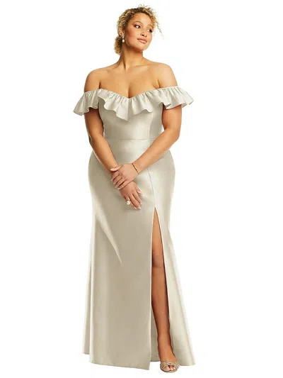 Alfred Sung Off-the-shoulder Ruffle Neck Satin Trumpet Gown In Neutral