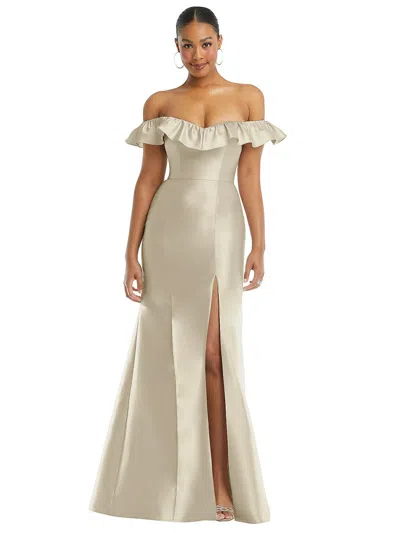 Alfred Sung Off-the-shoulder Ruffle Neck Satin Trumpet Gown In Beige