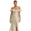 ALFRED SUNG OFF-THE-SHOULDER RUFFLE NECK SATIN TRUMPET GOWN