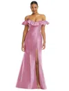 ALFRED SUNG OFF-THE-SHOULDER RUFFLE NECK SATIN TRUMPET GOWN