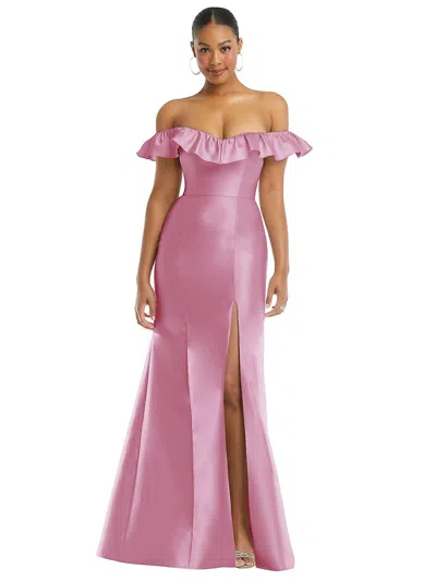 Alfred Sung Off The Shoulder Ruffle Satin Trumpet Gown In Powder Pink
