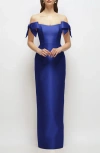 Alfred Sung Off The Shoulder Satin Column Gown In Blue